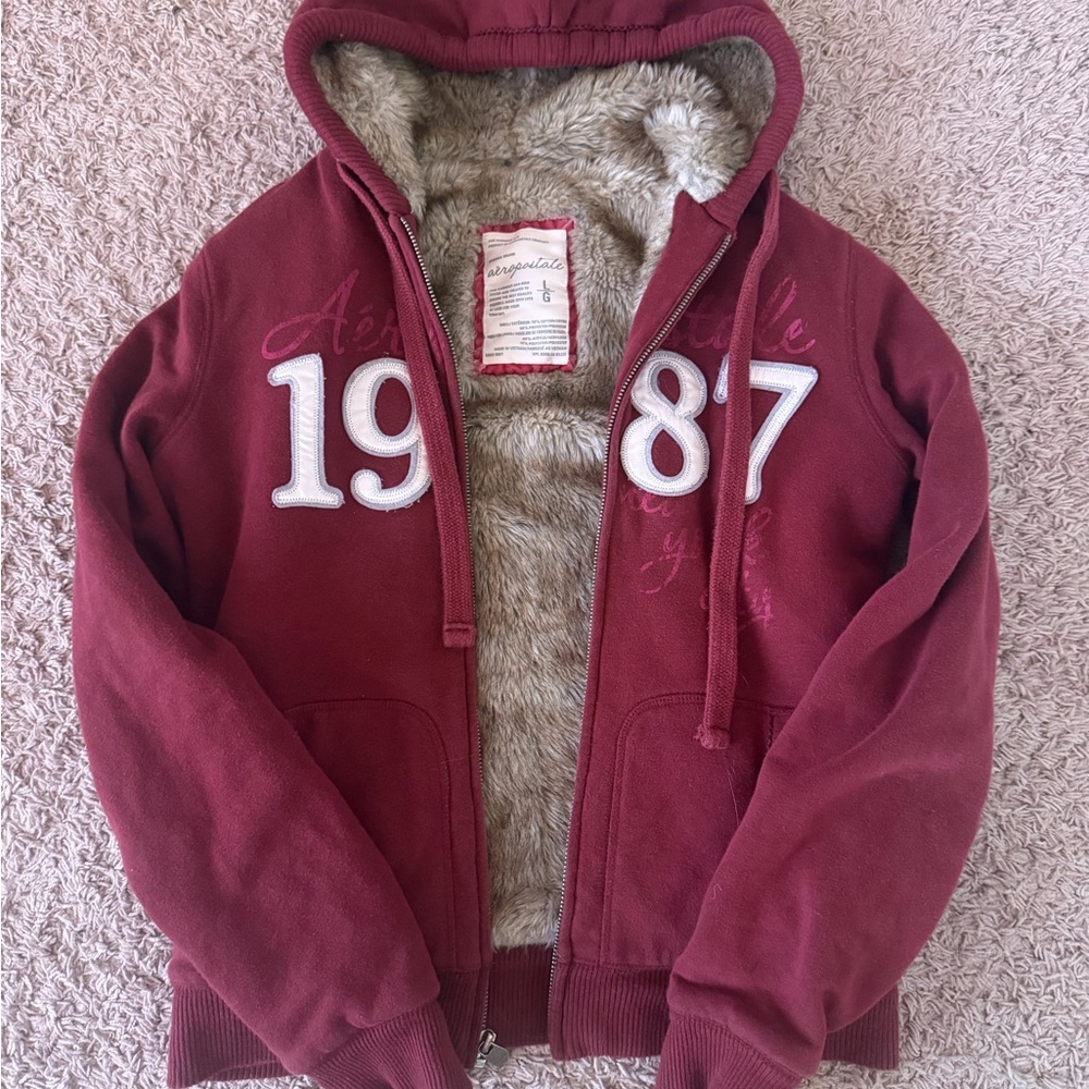Aeropostale Burgundy Zip-Up Hoodie with Faux-Fur Lining